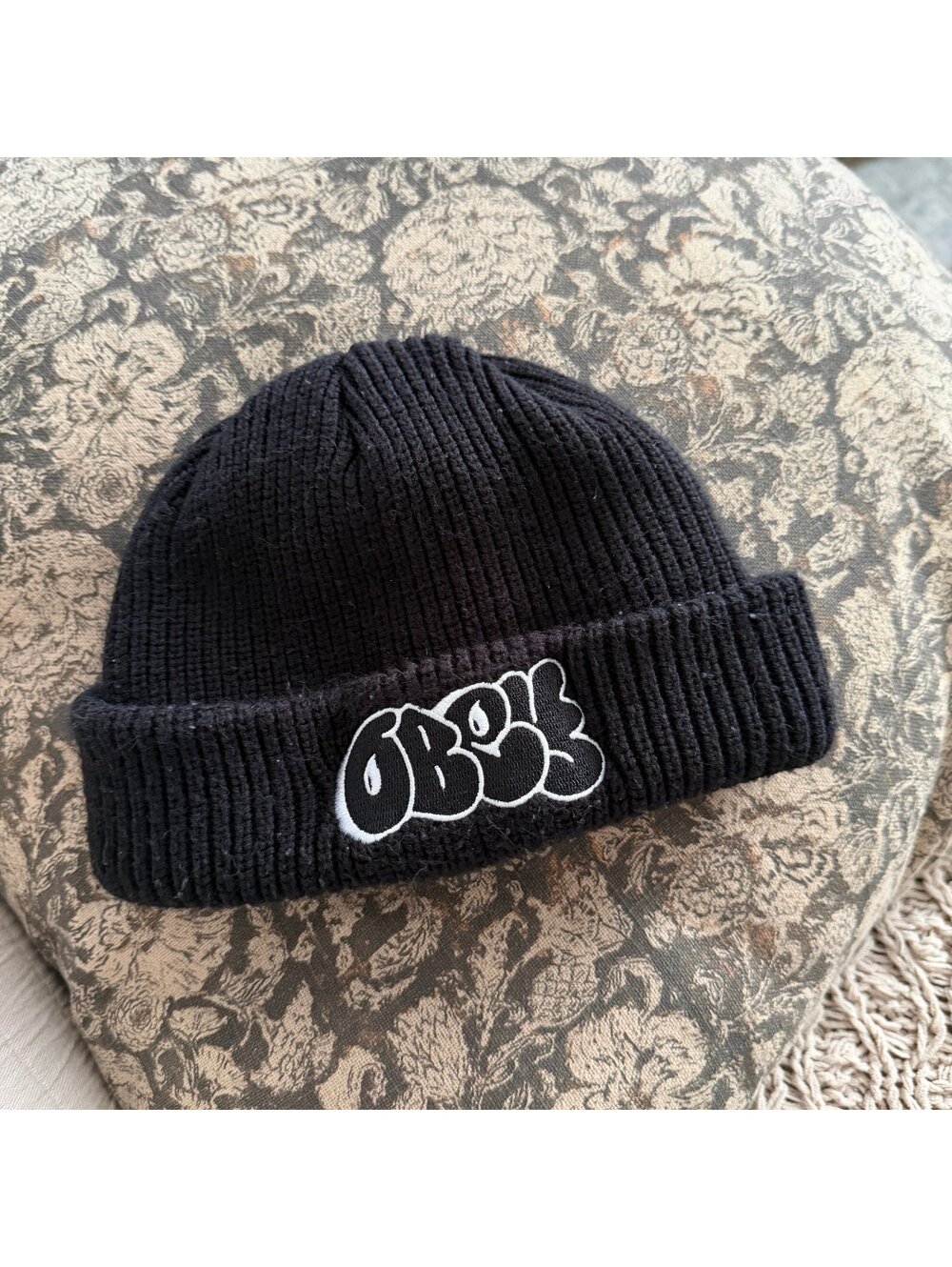 Obey beanie chunky bubble letters black with white contrast skater style